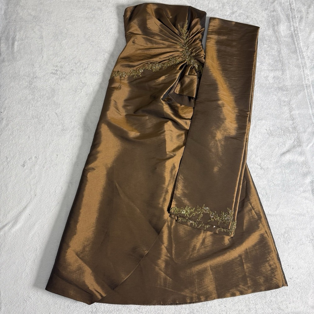 Velesca Women's Taffeta Strapless Gown Brown Beaded Corset Lace Up Size 8 Shawl